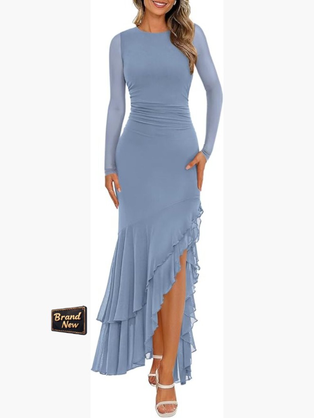 Long Sleeve Ruched Bodycon Mermaid Cocktail Maxi Dress Wedding Guest